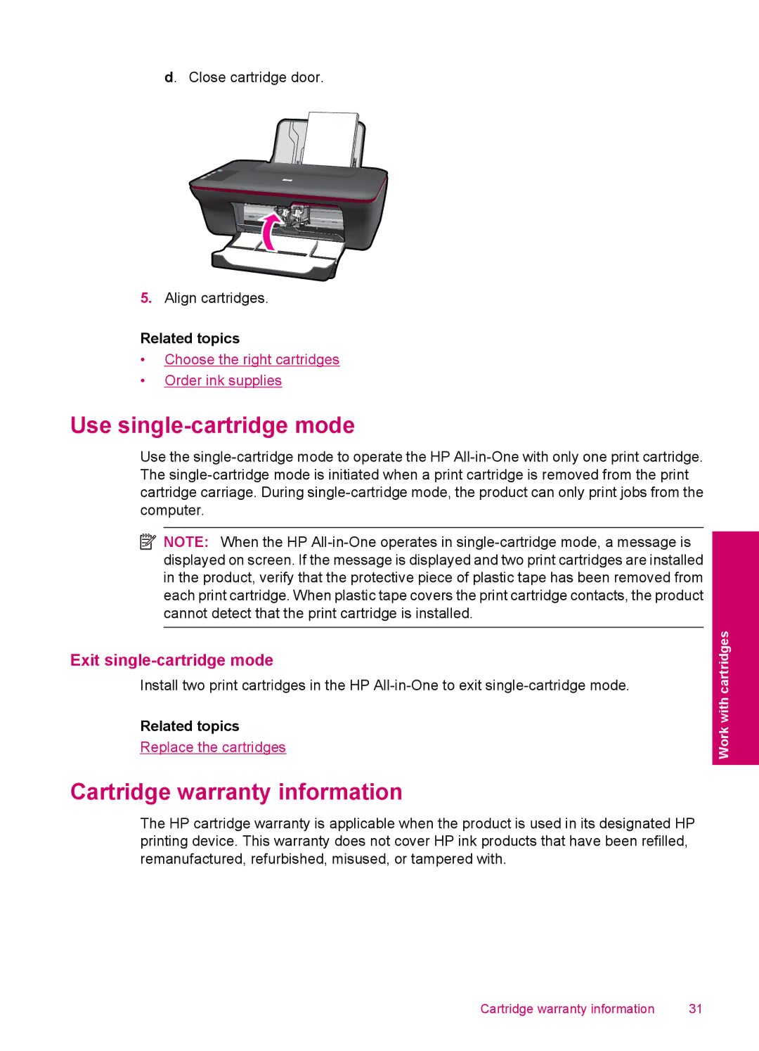 HP 2050 - J510a manual Use single-cartridge mode, Cartridge warranty information 