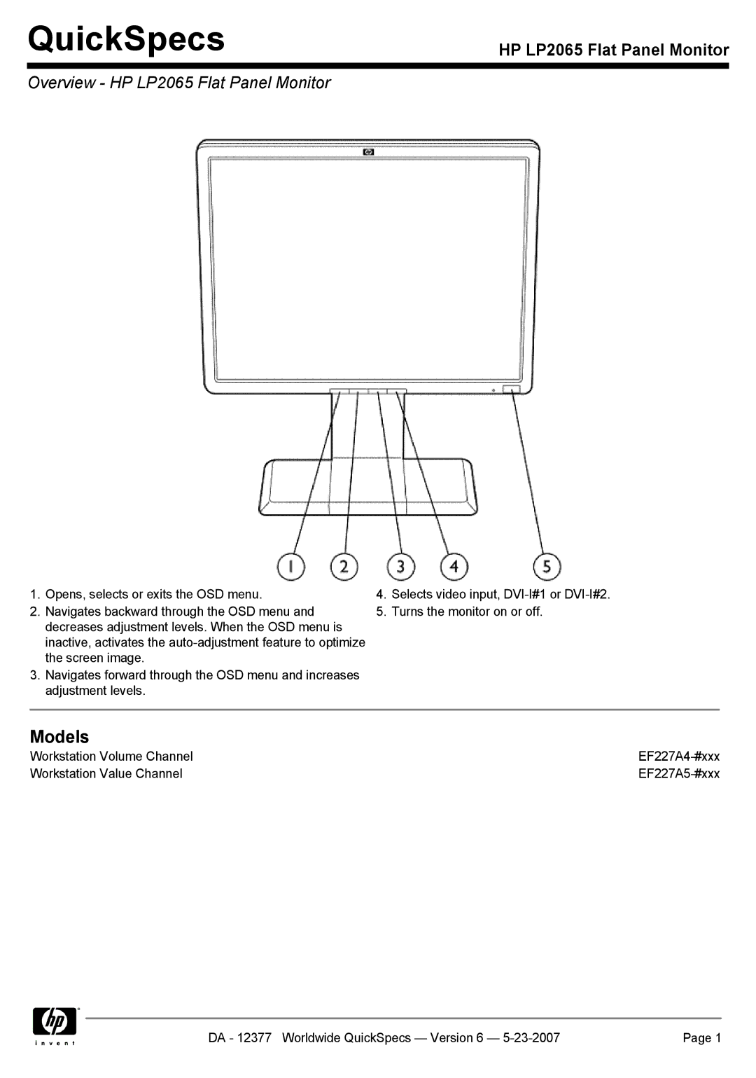 HP manual Models, Overview HP LP2065 Flat Panel Monitor 