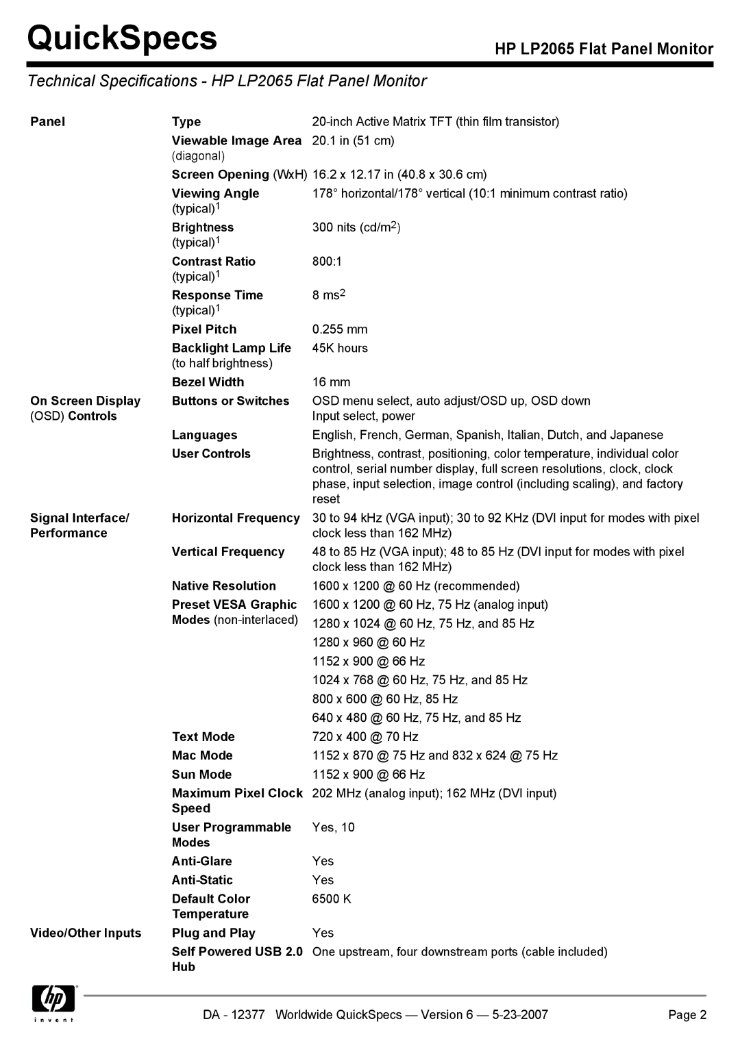 HP manual Technical Specifications HP LP2065 Flat Panel Monitor 