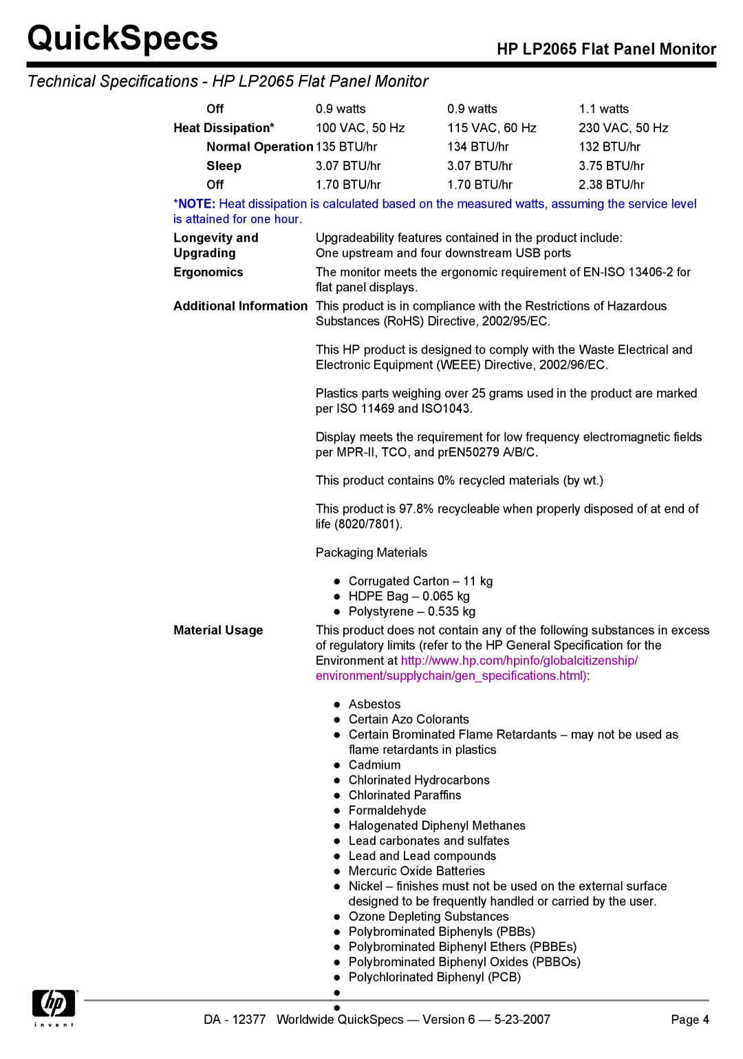 HP 2065 manual Off, Heat Dissipation, Normal Operation 135 BTU/hr, Longevity, Upgrading, Ergonomics, Material Usage 