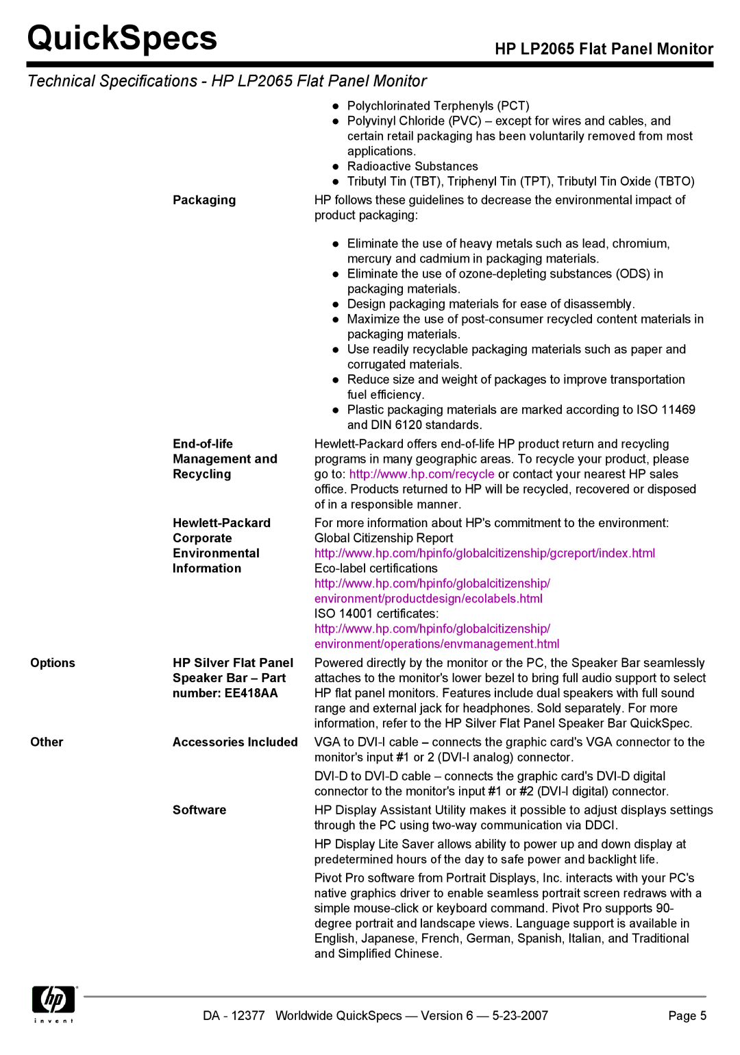 HP 2065 manual QuickSpecs 