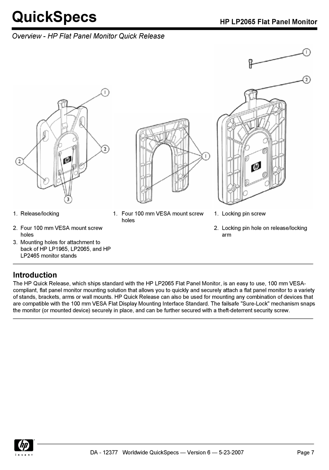 HP 2065 manual Introduction, Overview HP Flat Panel Monitor Quick Release 