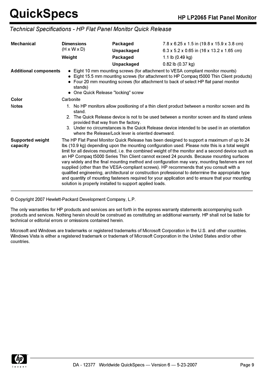 HP 2065 manual Technical Specifications HP Flat Panel Monitor Quick Release 