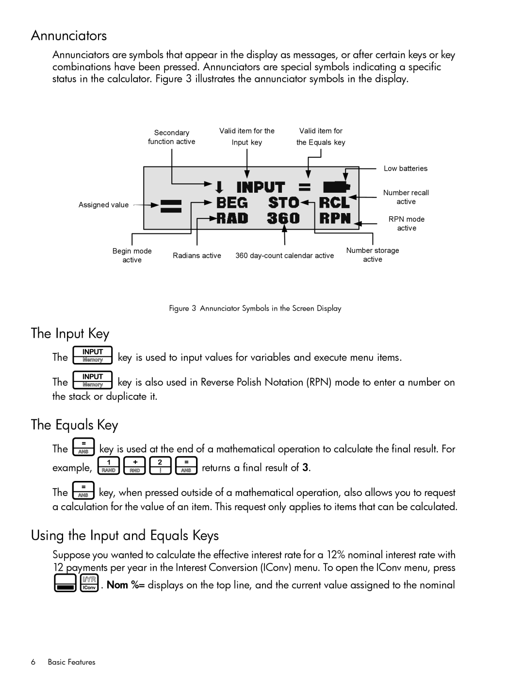 HP 20b Consultant Financial, 30b Professional manual Annunciators, Input Key, Using the Input and Equals Keys 