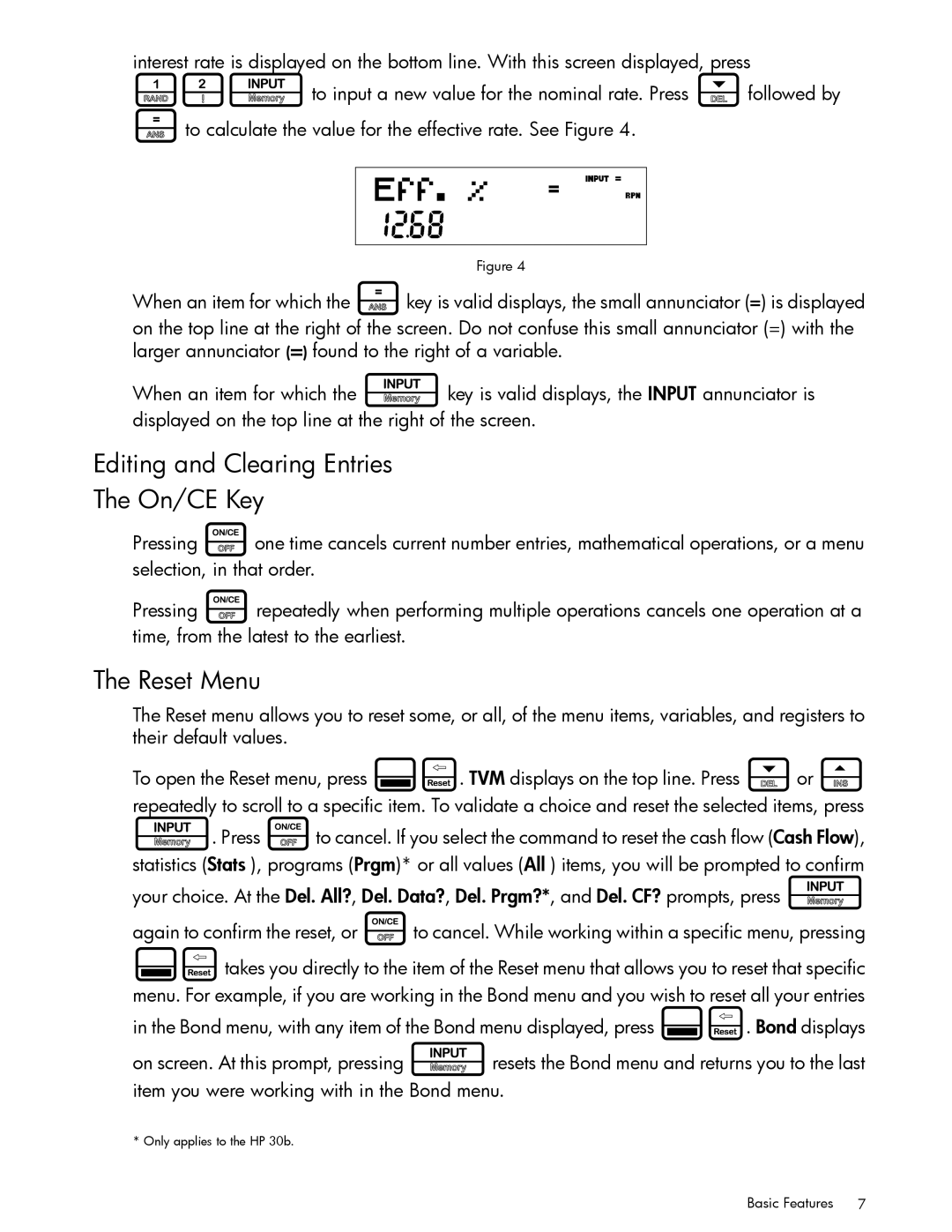 HP 30b Professional, 20b Consultant Financial manual Editing and Clearing Entries On/CE Key, Reset Menu 