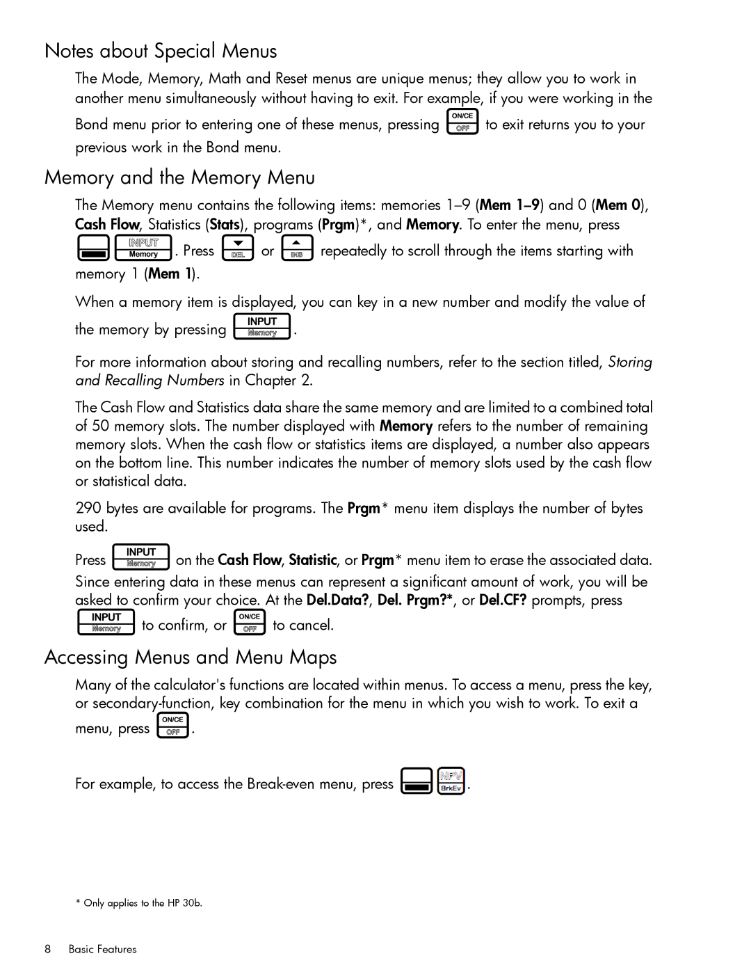 HP 20b Consultant Financial, 30b Professional manual Memory and the Memory Menu, Accessing Menus and Menu Maps 