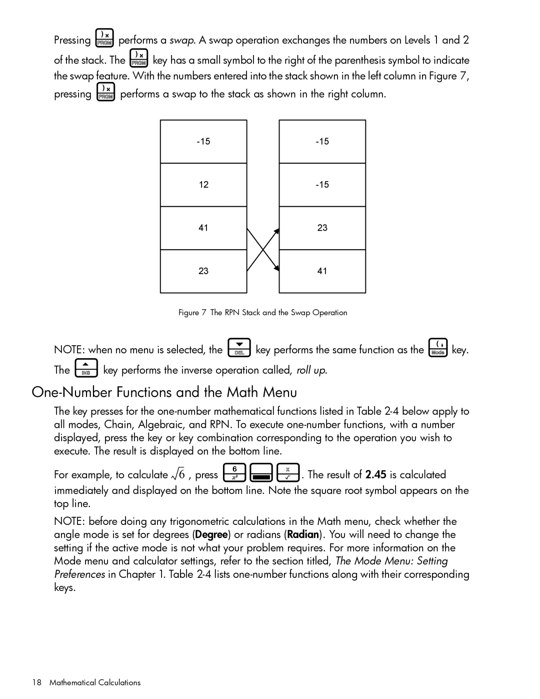 HP 20b Consultant Financial, 30b Professional One-Number Functions and the Math Menu, RPN Stack and the Swap Operation 