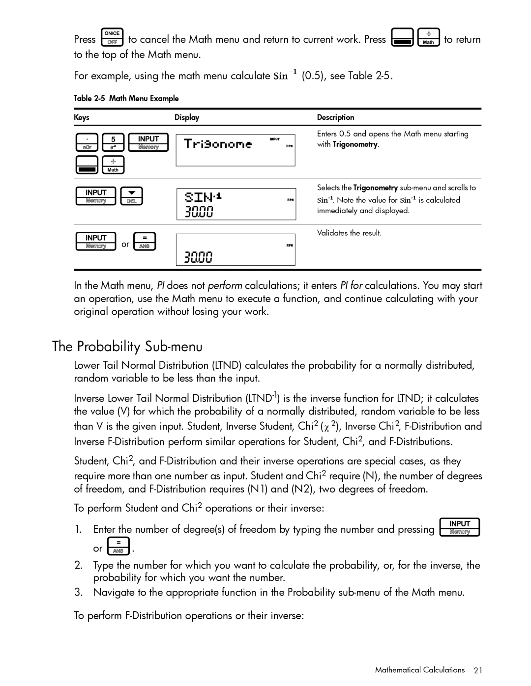 HP 30b Professional, 20b Consultant Financial manual Probability Sub-menu 