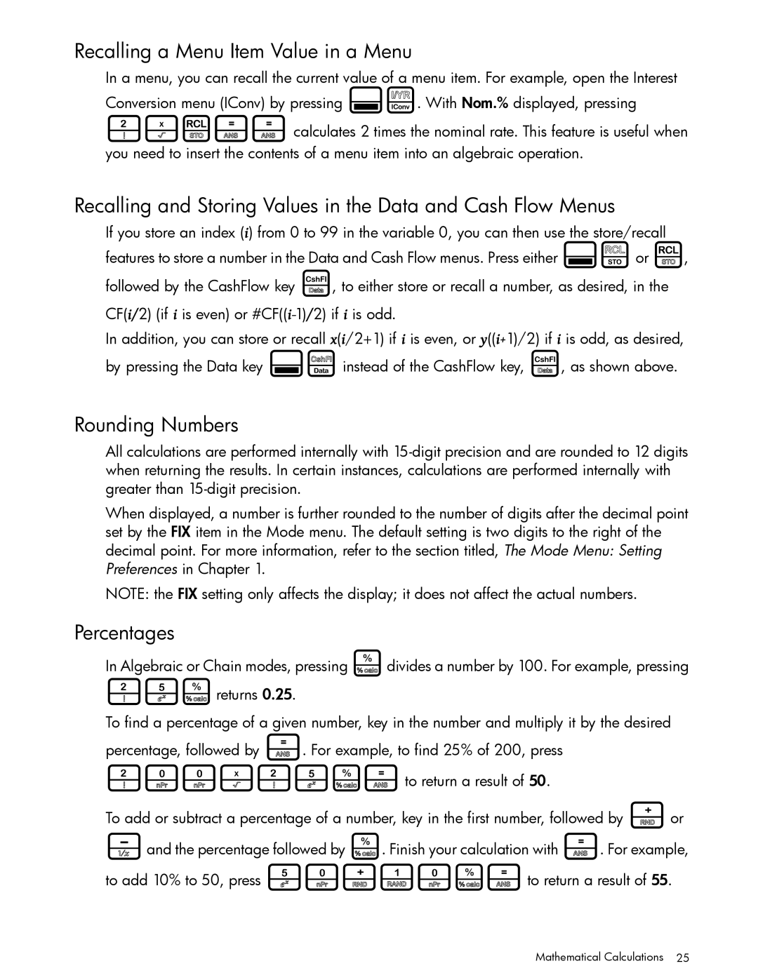 HP 30b Professional, 20b Consultant Financial manual Recalling a Menu Item Value in a Menu, Rounding Numbers, Percentages 