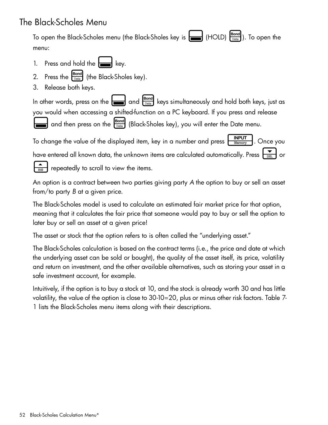 HP 20b Consultant Financial, 30b Professional manual Black-Scholes Menu 