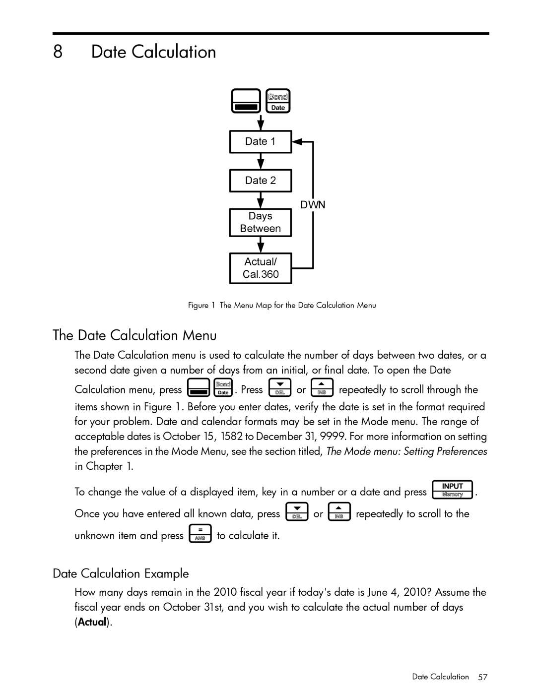 HP 30b Professional manual Date Calculation Menu, Date Calculation Example, Date Days Between Actual Cal.360 