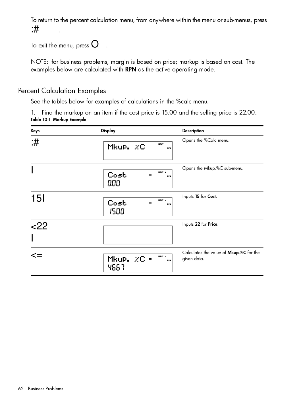 HP 20b Consultant Financial, 30b Professional manual 15I, Percent Calculation Examples 