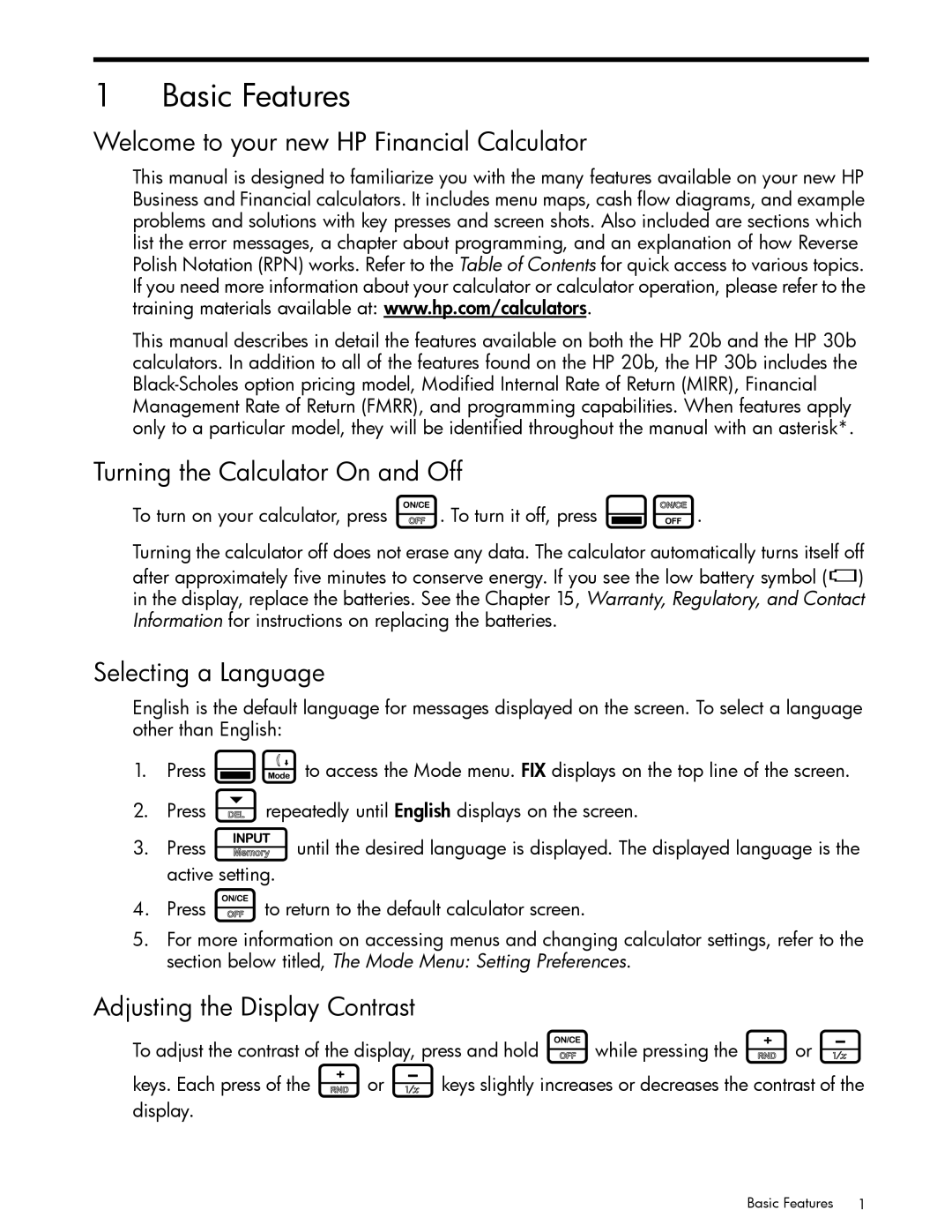 HP 30b Professional manual Basic Features, Welcome to your new HP Financial Calculator, Turning the Calculator On and Off 