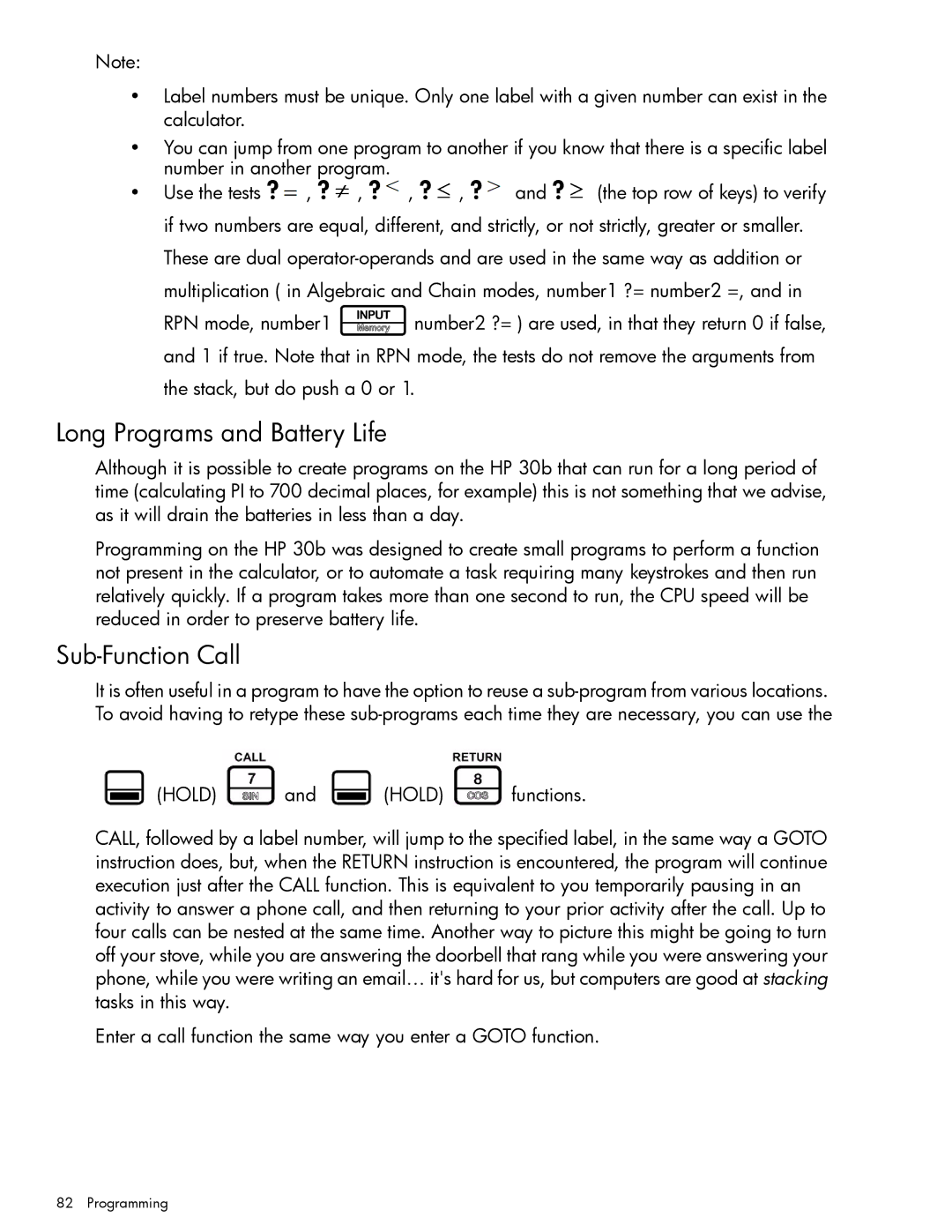 HP 20b Consultant Financial, 30b Professional manual Long Programs and Battery Life, Sub-Function Call 