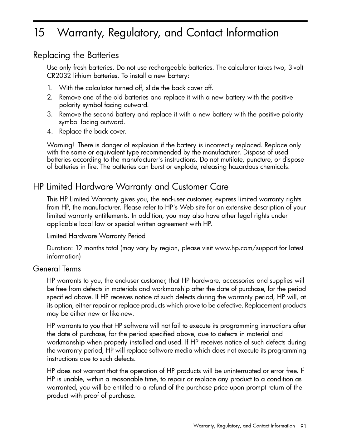 HP 30b Professional manual Warranty, Regulatory, and Contact Information, Replacing the Batteries, General Terms 