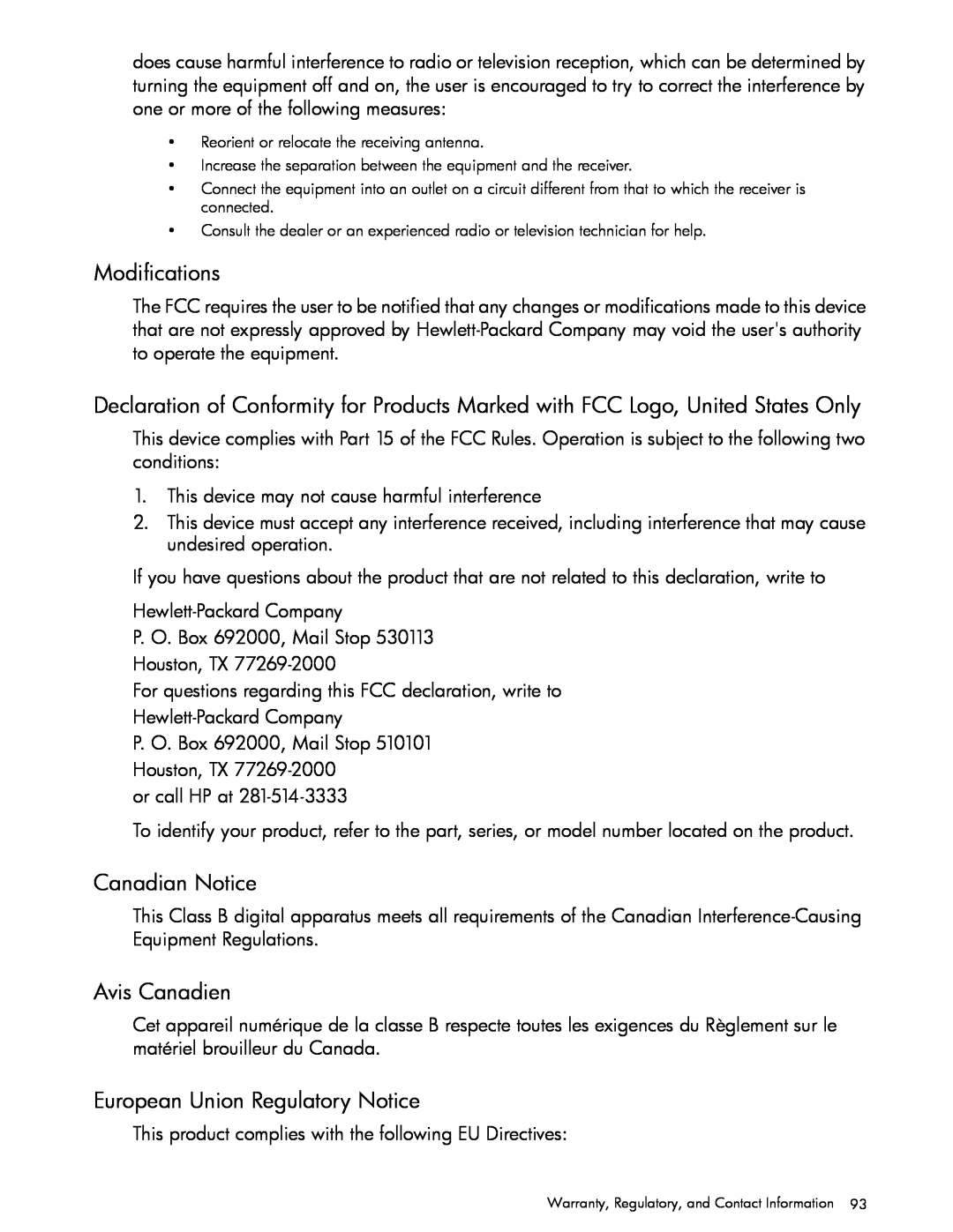 HP 30b Professional manual Modifications, Canadian Notice, Avis Canadien, European Union Regulatory Notice 
