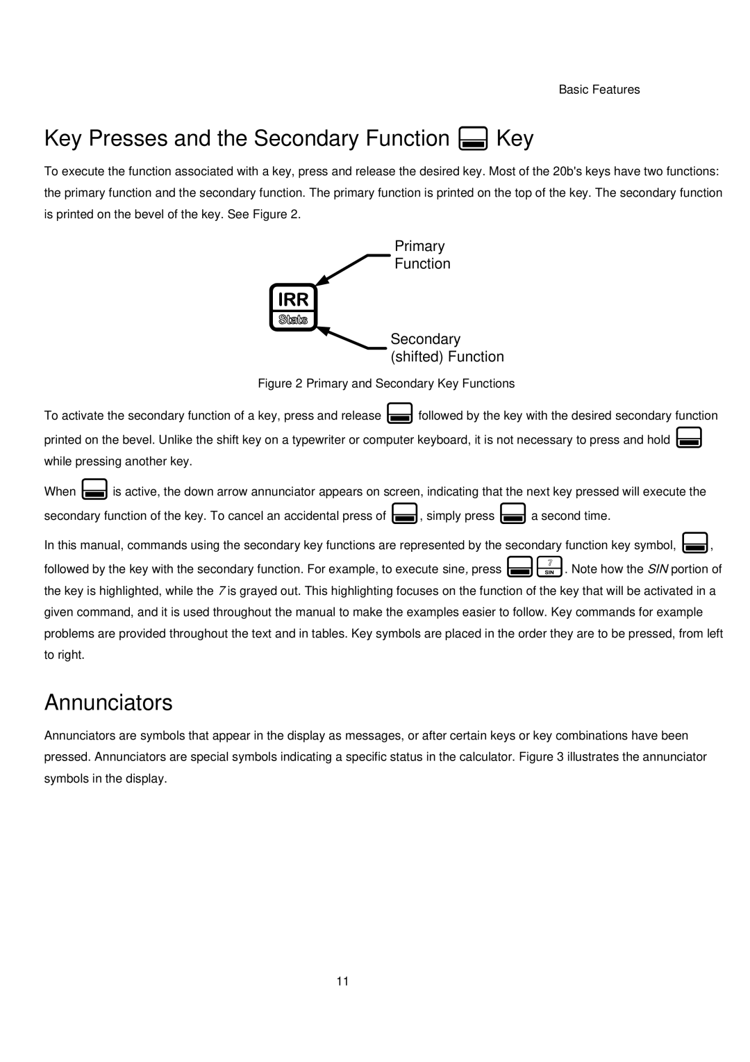 HP 20B manual Key Presses and the Secondary Function Key, Annunciators 