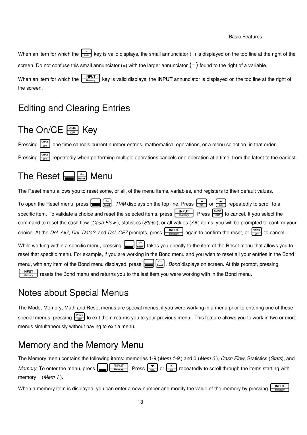 HP 20B manual Editing and Clearing Entries On/CE O Key, Reset x Menu, Memory and the Memory Menu 