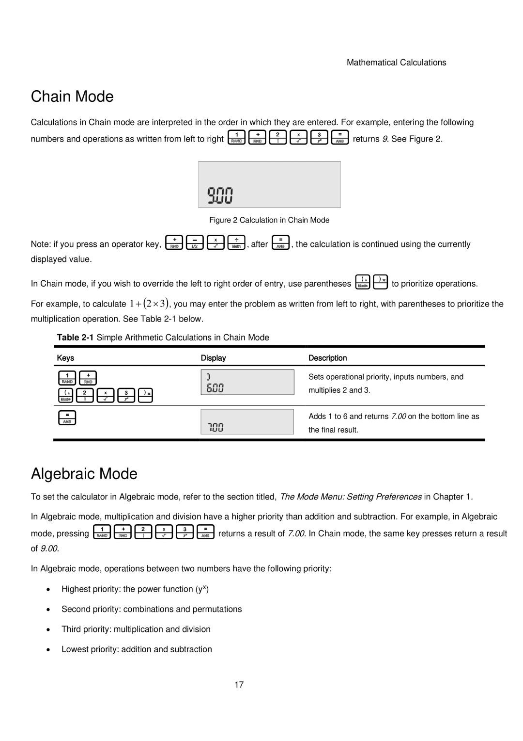 HP 20B manual Chain Mode, Algebraic Mode 