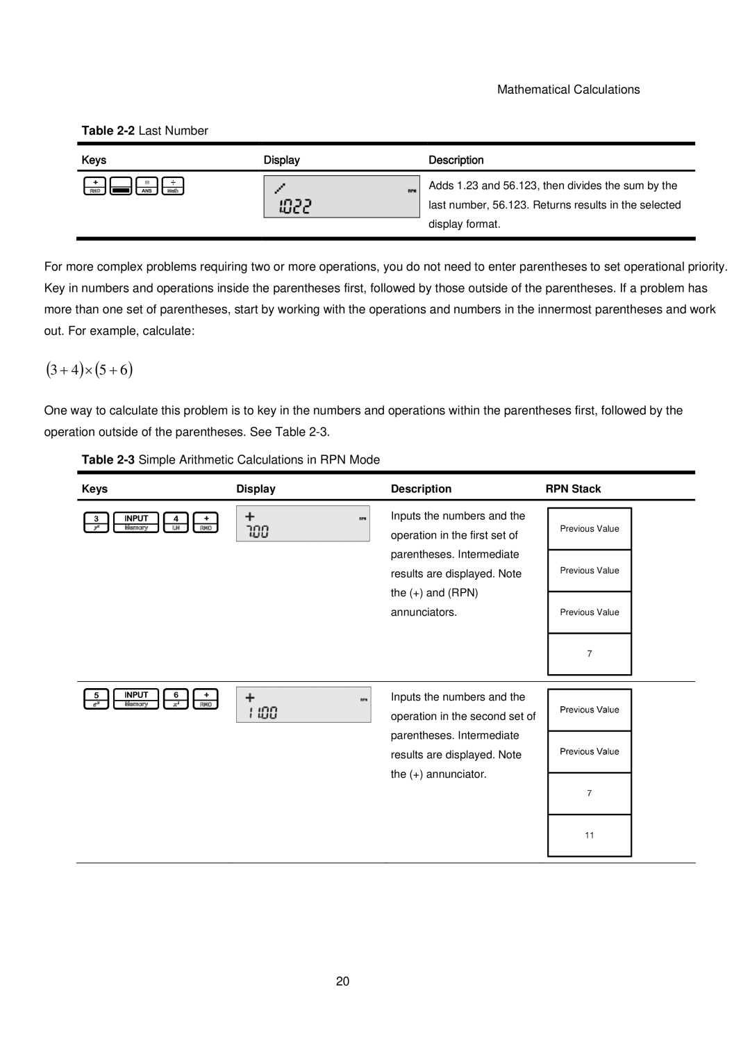 HP 20B manual 3I4+, 5I6+, Mathematical Calculations 2Last Number, RPN Stack 