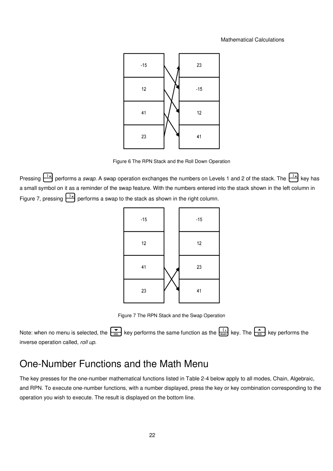 HP 20B manual One-Number Functions and the Math Menu, RPN Stack and the Roll Down Operation 