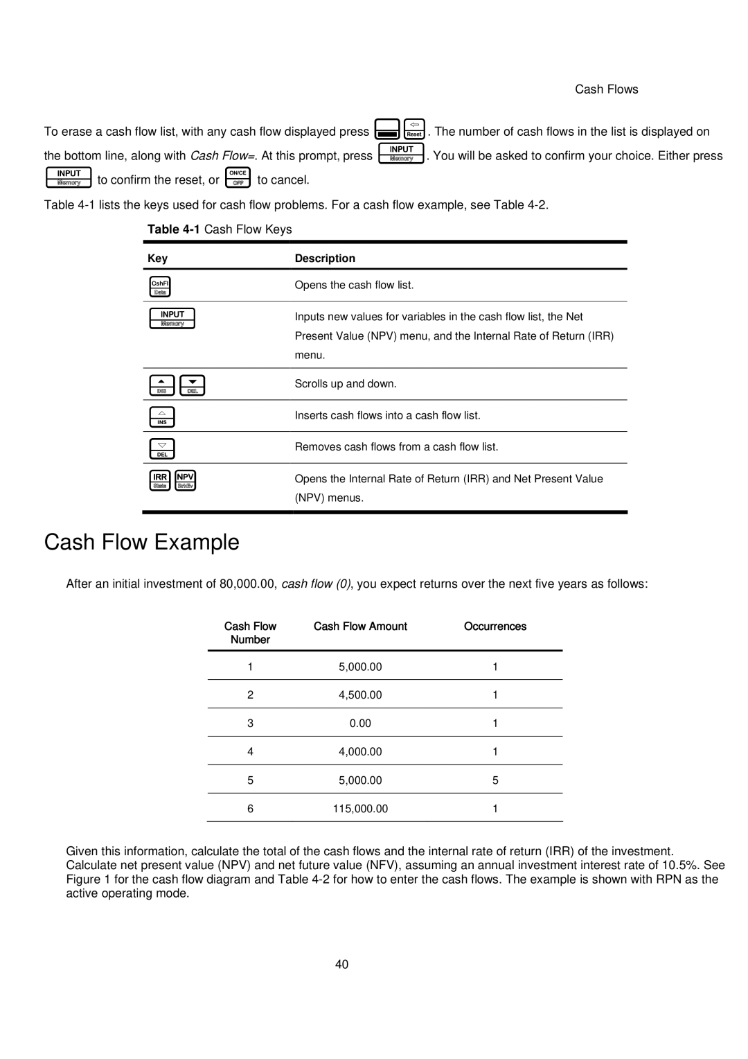 HP 20B manual Cash Flow Example, Key Description, Cash Flow Amount 