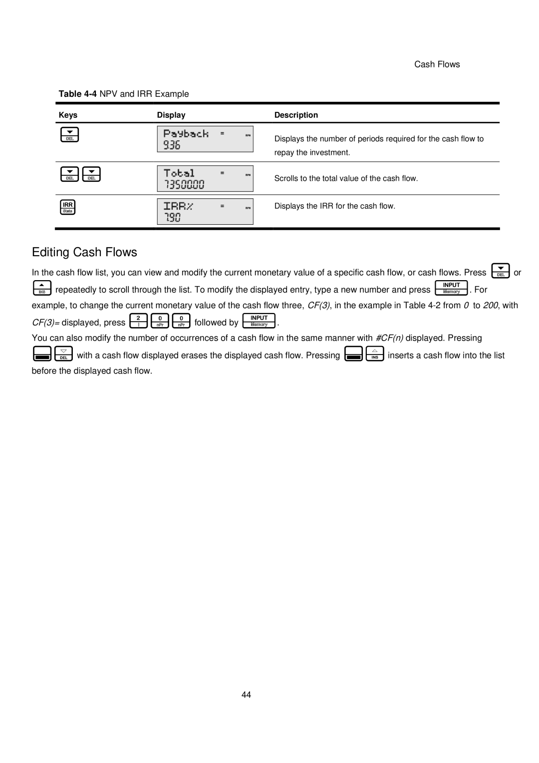 HP 20B manual Editing Cash Flows, Cash Flows 4NPV and IRR Example 