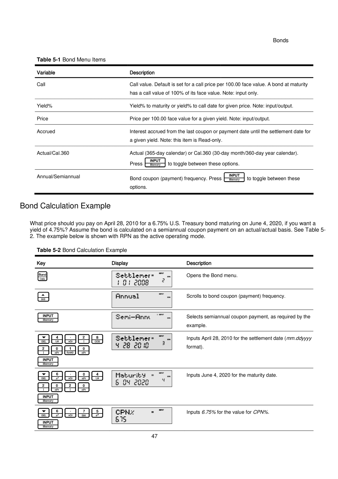 HP 20B manual 2010, 2020, Bond Calculation Example, Bond Menu Items, Key Display Description 