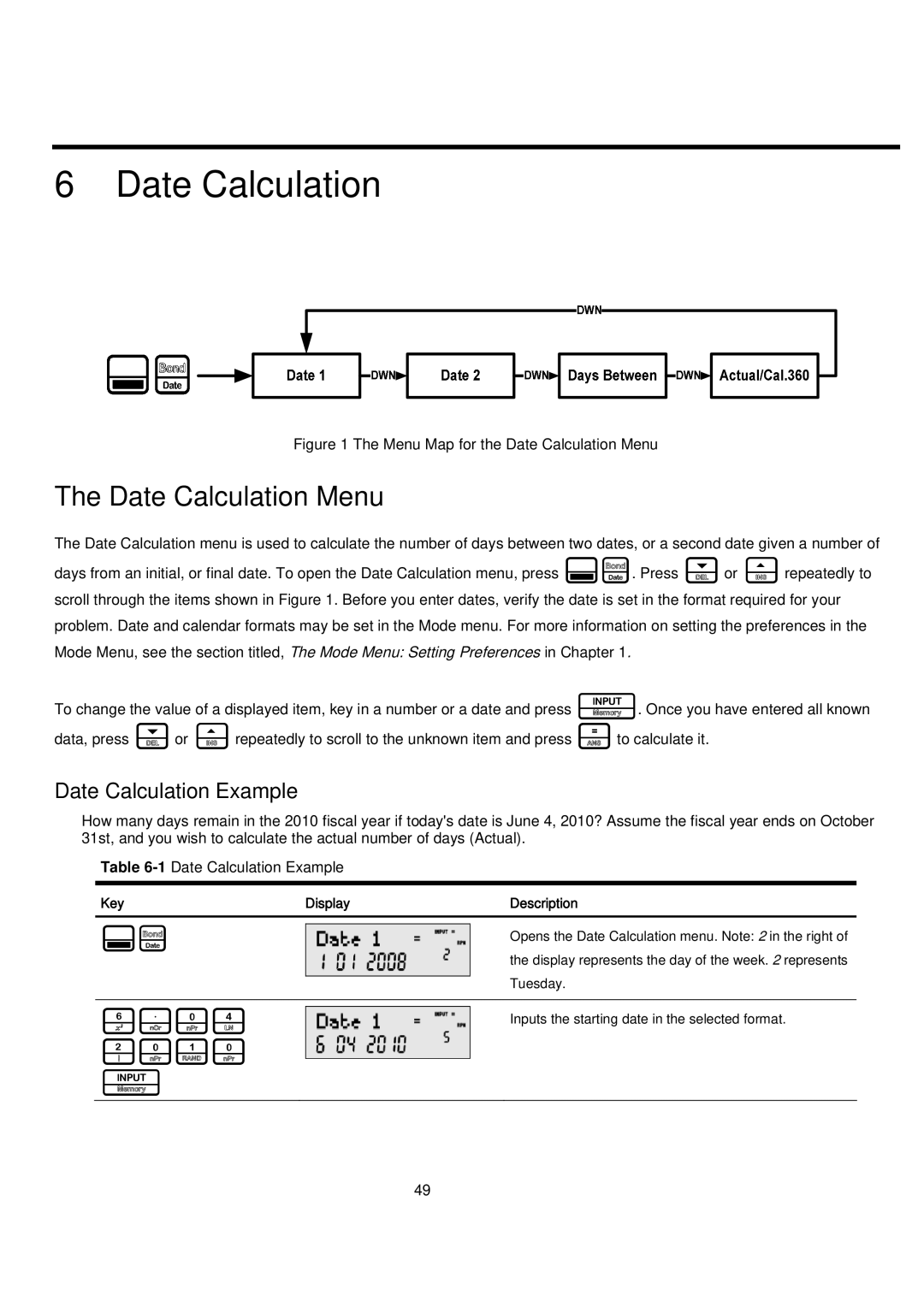 HP 20B manual Date Calculation Menu, Date Calculation Example 