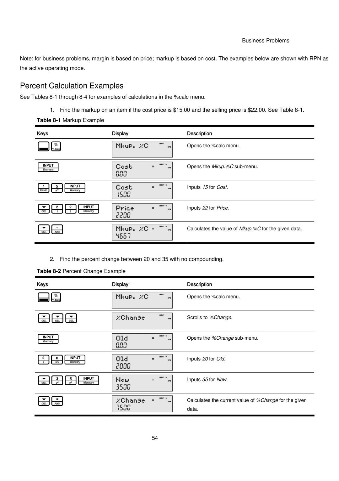 HP 20B manual 15I, 22I, 20I, 35I, Percent Calculation Examples 