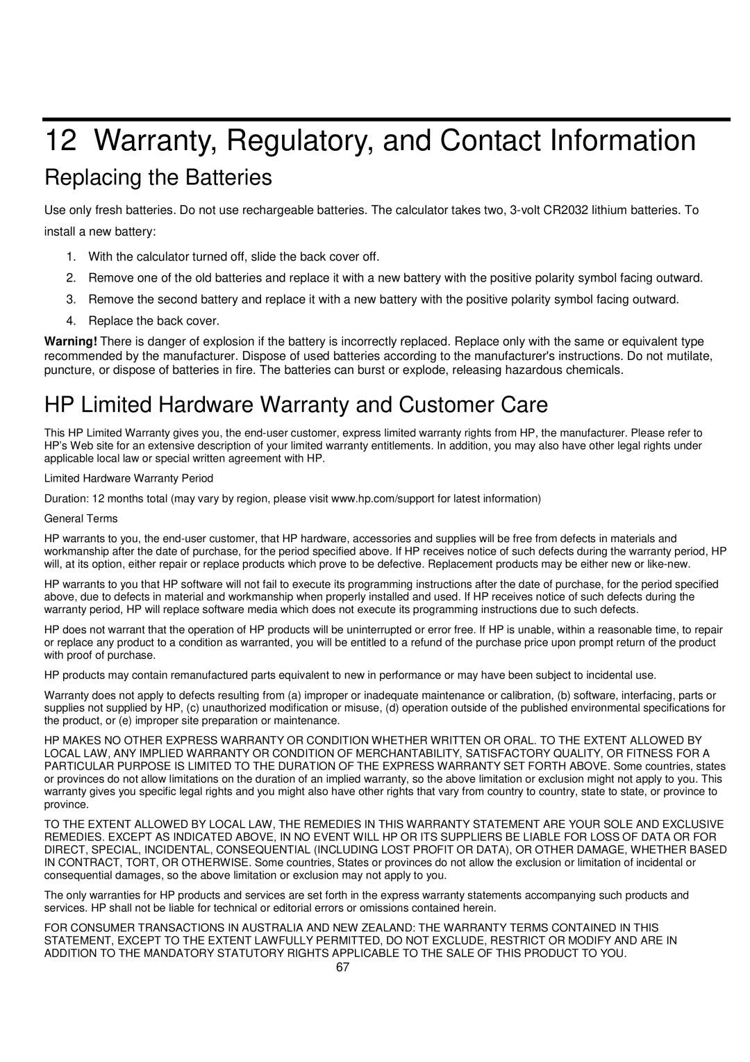 HP 20B manual Warranty, Regulatory, and Contact Information, Replacing the Batteries 