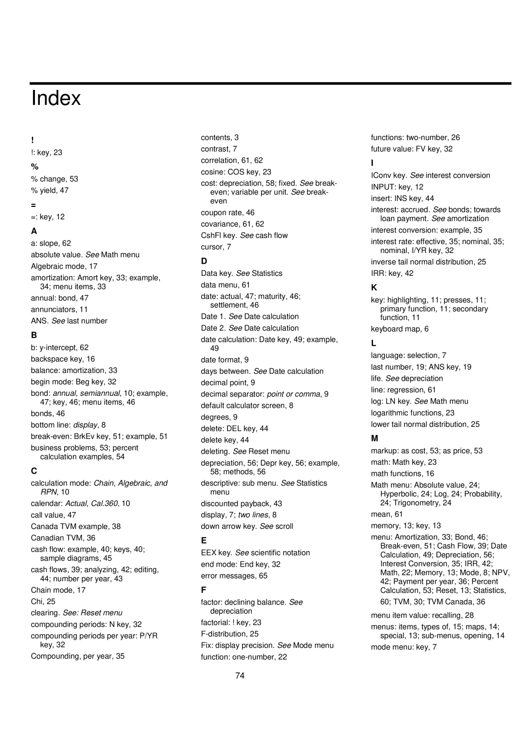 HP 20B manual Index, Calendar Actual, Cal.360 