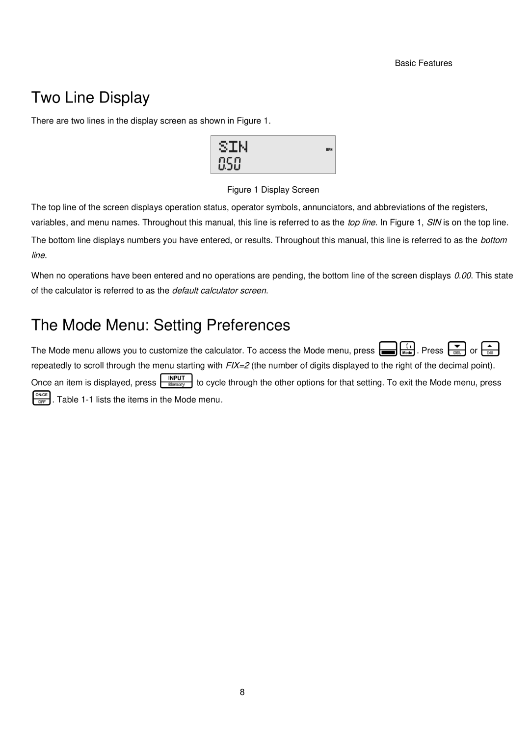 HP 20B manual Two Line Display, Mode Menu Setting Preferences 