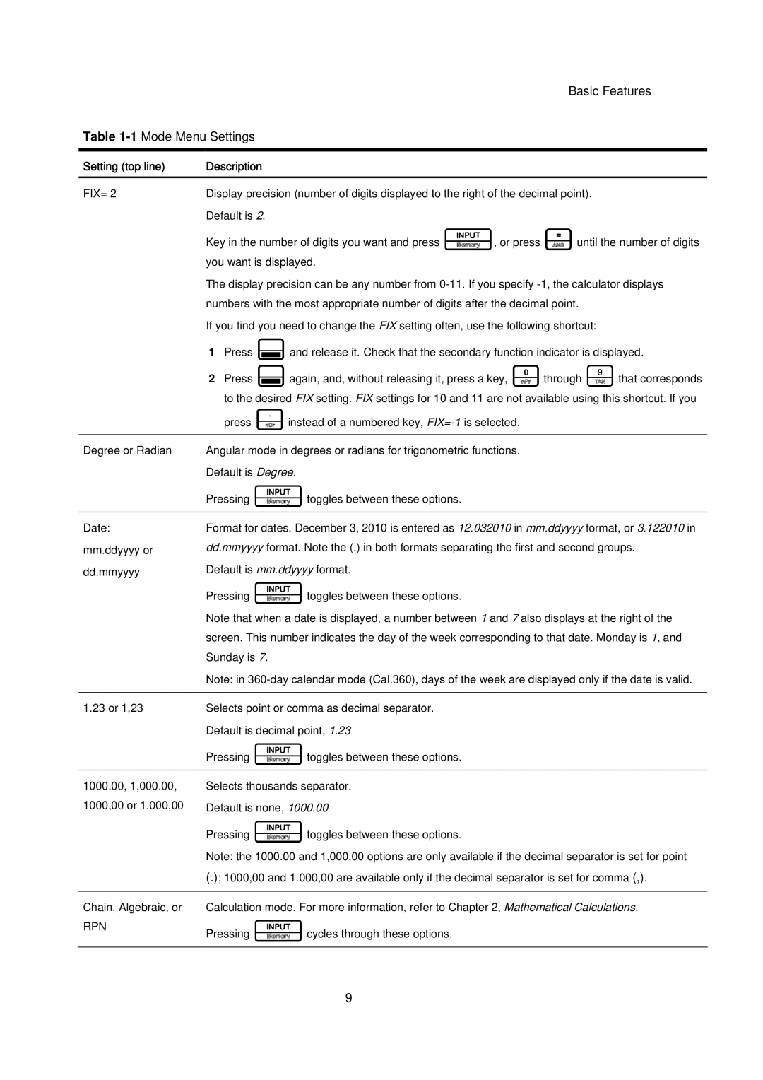 HP 20B manual Basic Features 1Mode Menu Settings, Setting top line Description 