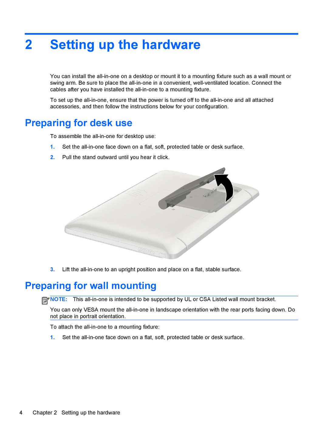 HP 21 E2P19AA#ABA manual Setting up the hardware, Preparing for desk use, Preparing for wall mounting 