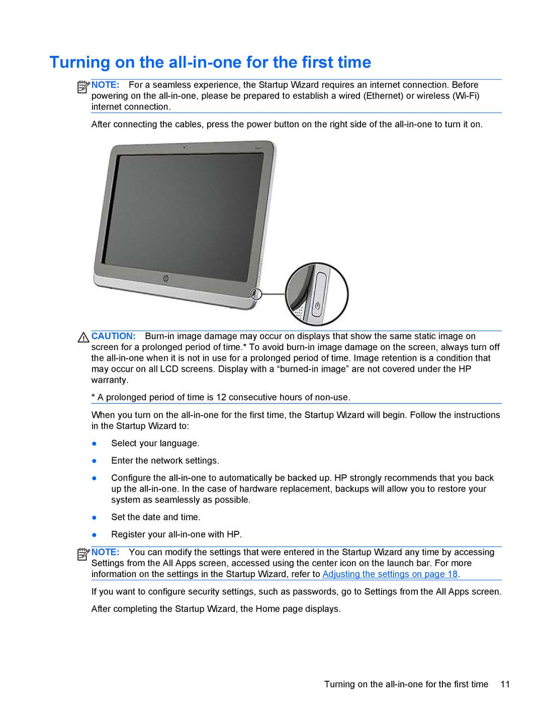 HP 21 E2P19AA#ABA manual Turning on the all-in-one for the first time 