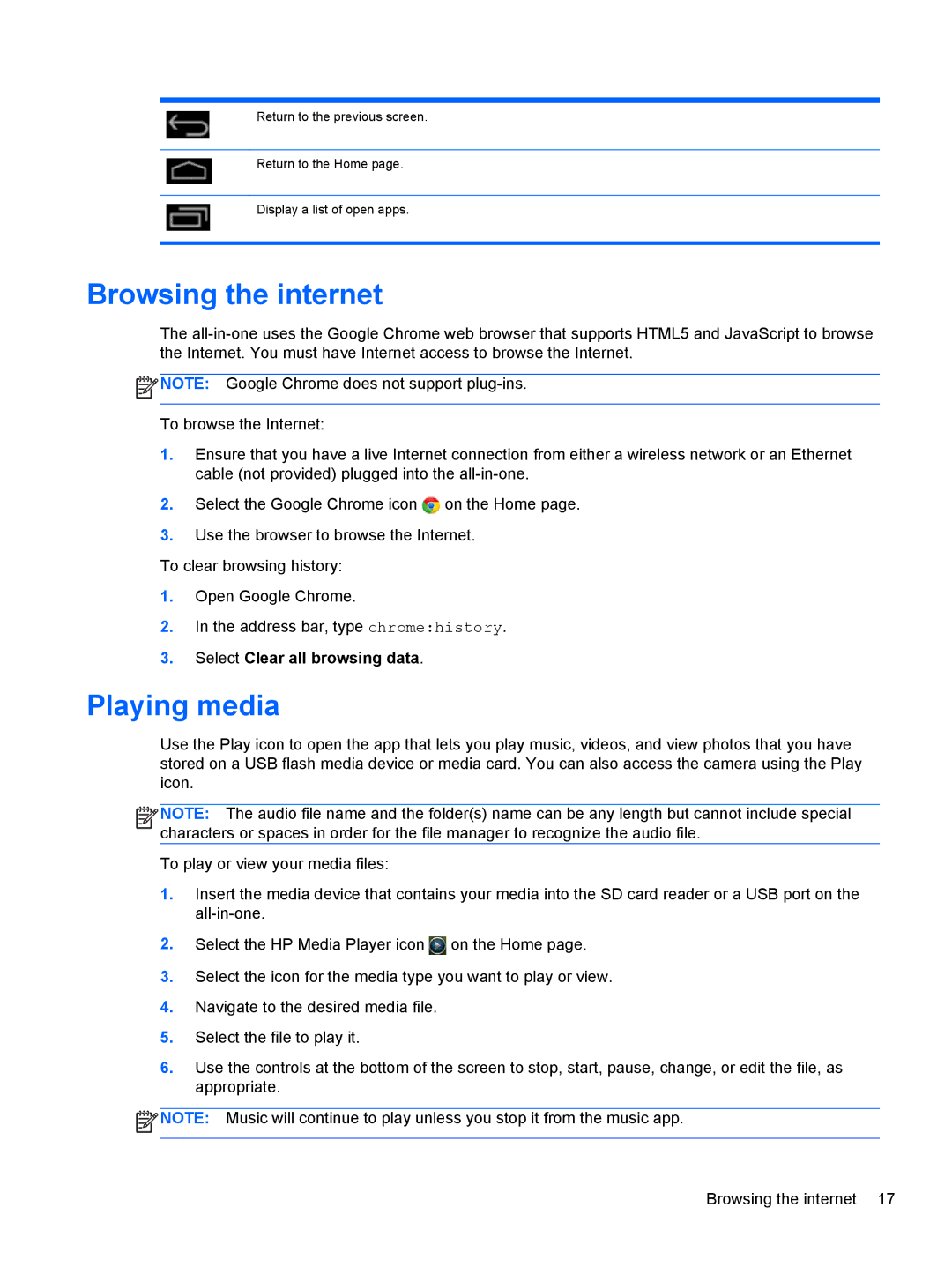 HP 21 E2P19AA#ABA manual Browsing the internet, Playing media 