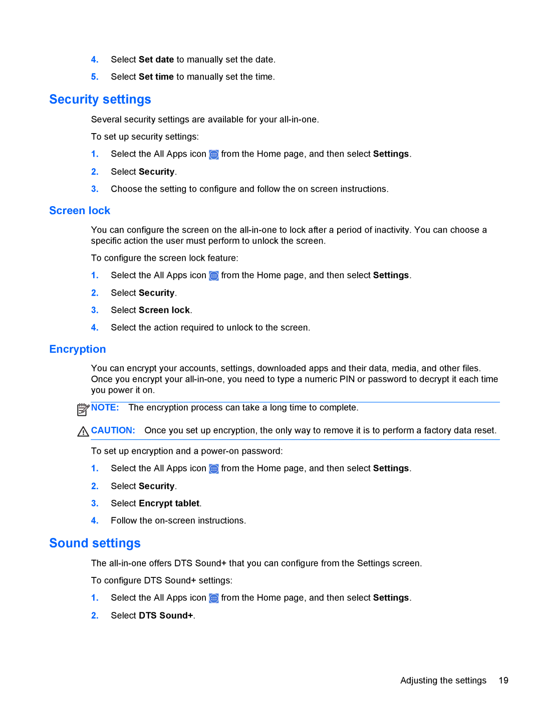 HP 21 E2P19AA#ABA manual Security settings, Sound settings 