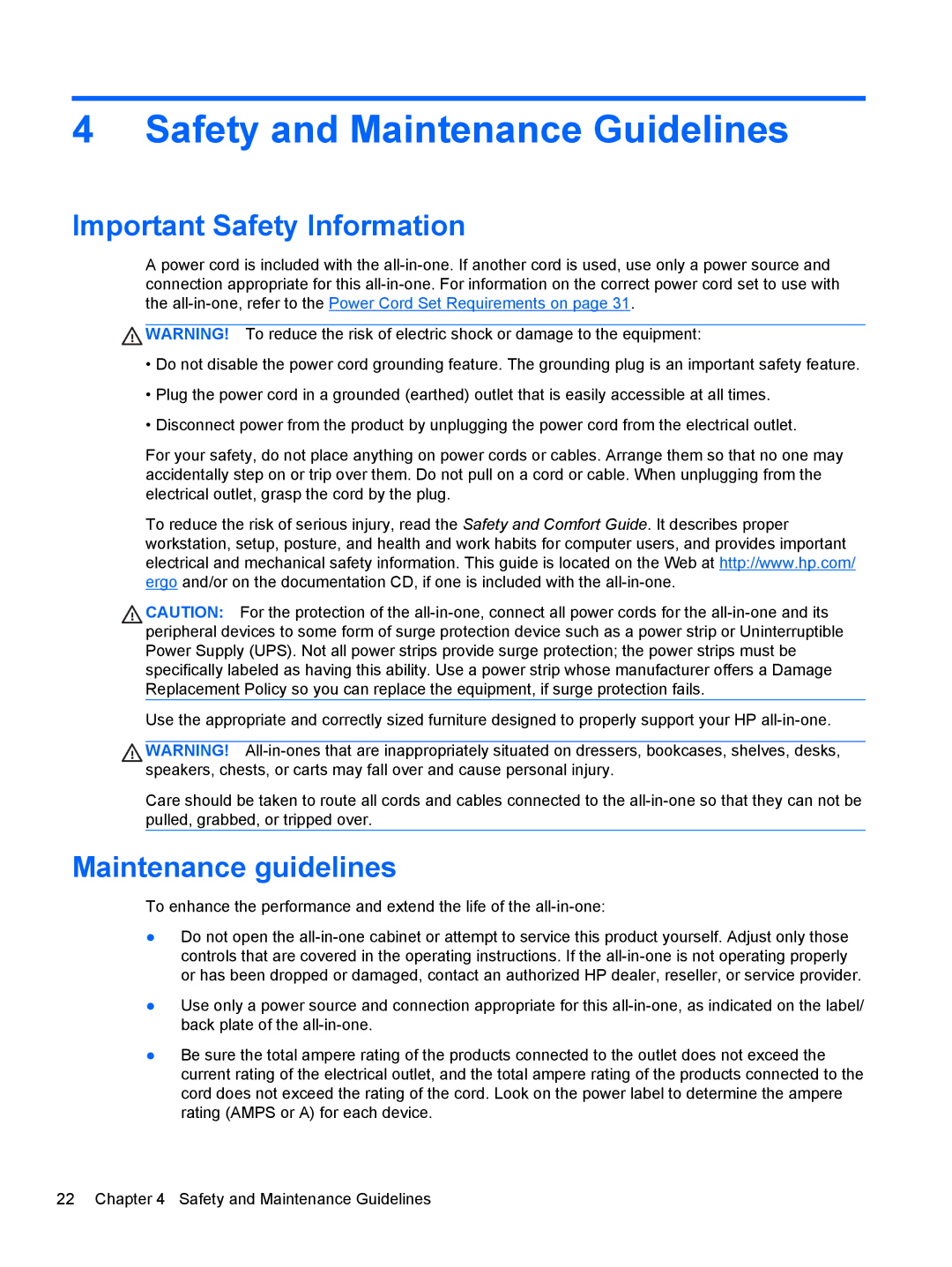 HP 21 E2P19AA#ABA manual Safety and Maintenance Guidelines, Important Safety Information, Maintenance guidelines 