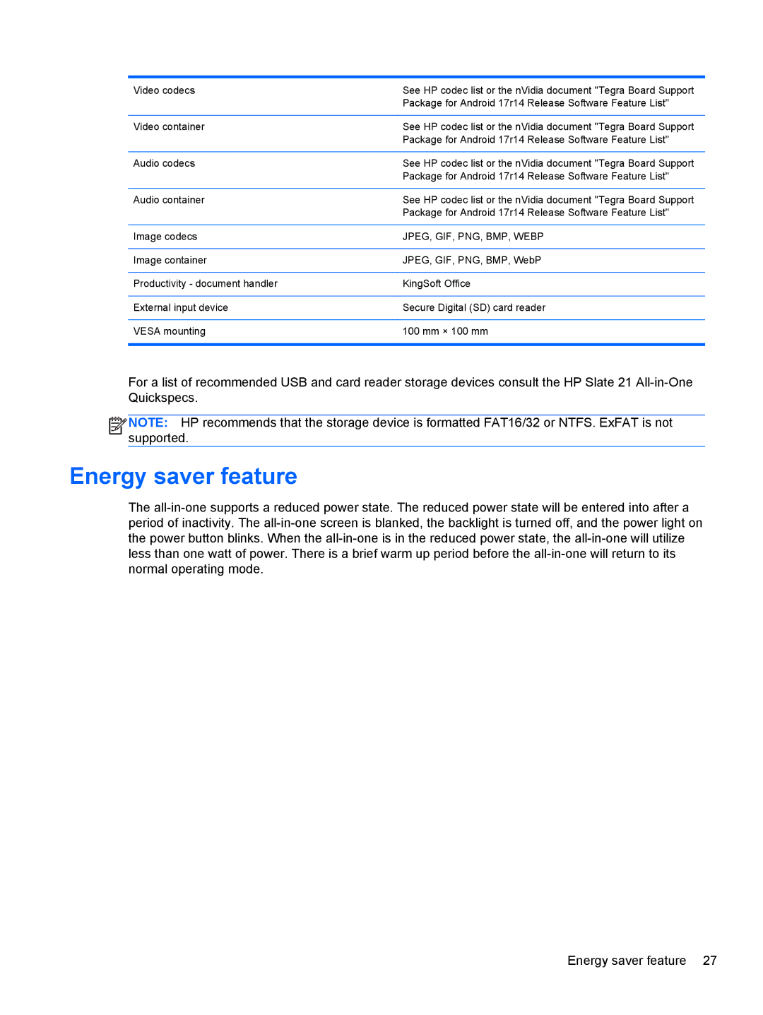 HP 21 E2P19AA#ABA manual Energy saver feature, JPEG, GIF, PNG, BMP, Webp 