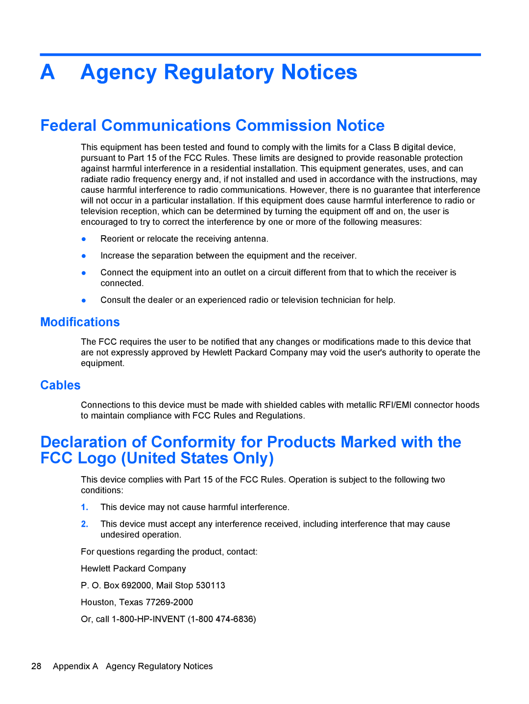 HP 21 E2P19AA#ABA manual Agency Regulatory Notices, Federal Communications Commission Notice, Modifications, Cables 