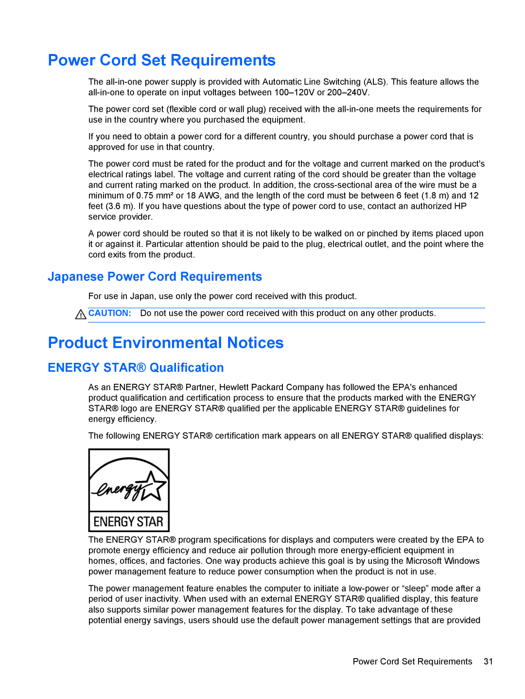 HP 21 E2P19AA#ABA manual Power Cord Set Requirements, Product Environmental Notices, Japanese Power Cord Requirements 