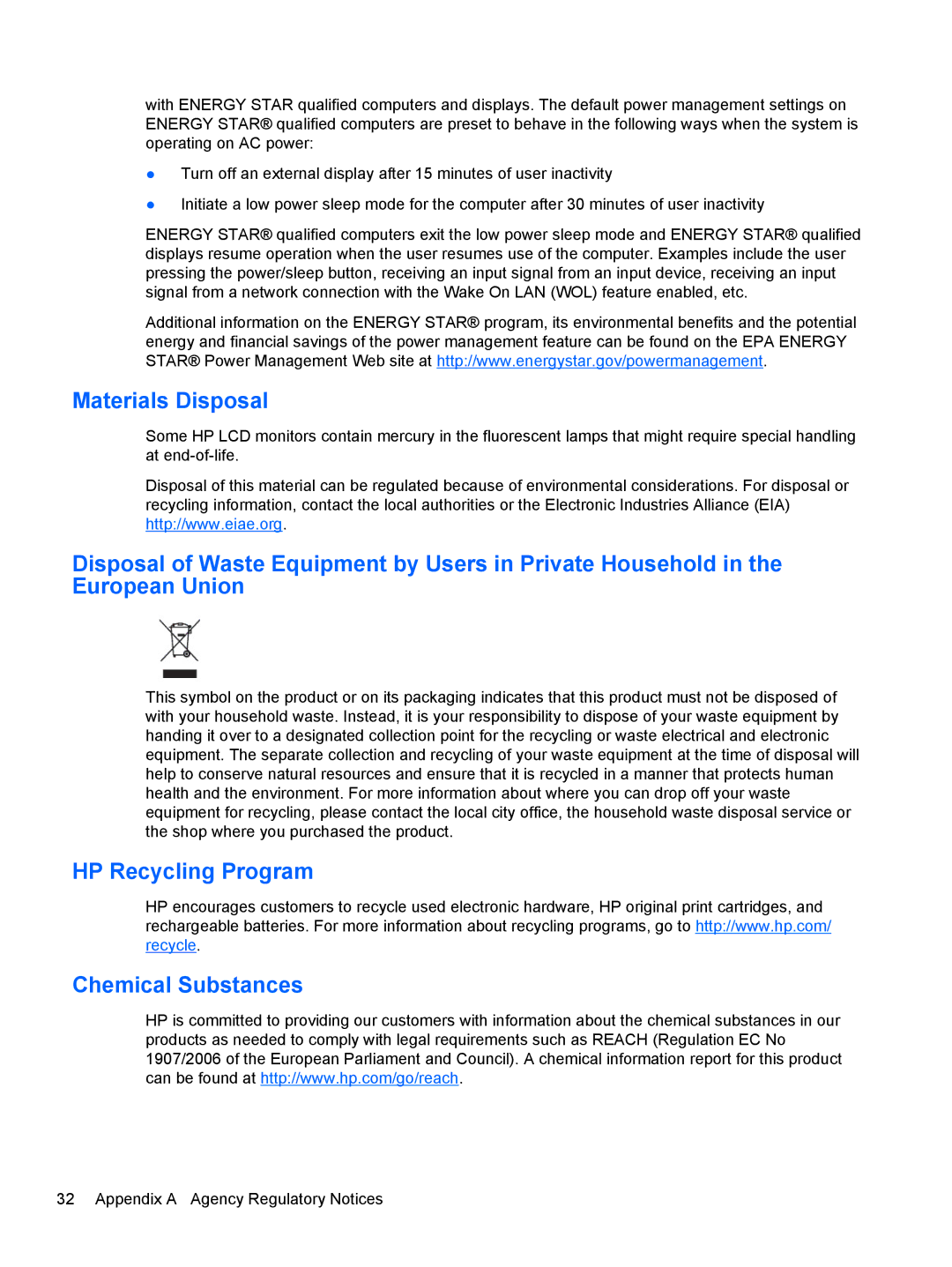 HP 21 E2P19AA#ABA manual Materials Disposal, HP Recycling Program Chemical Substances 