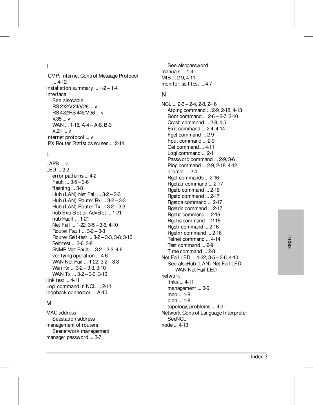 HP 210 manual MAC address See station address management of routers, Index-3 