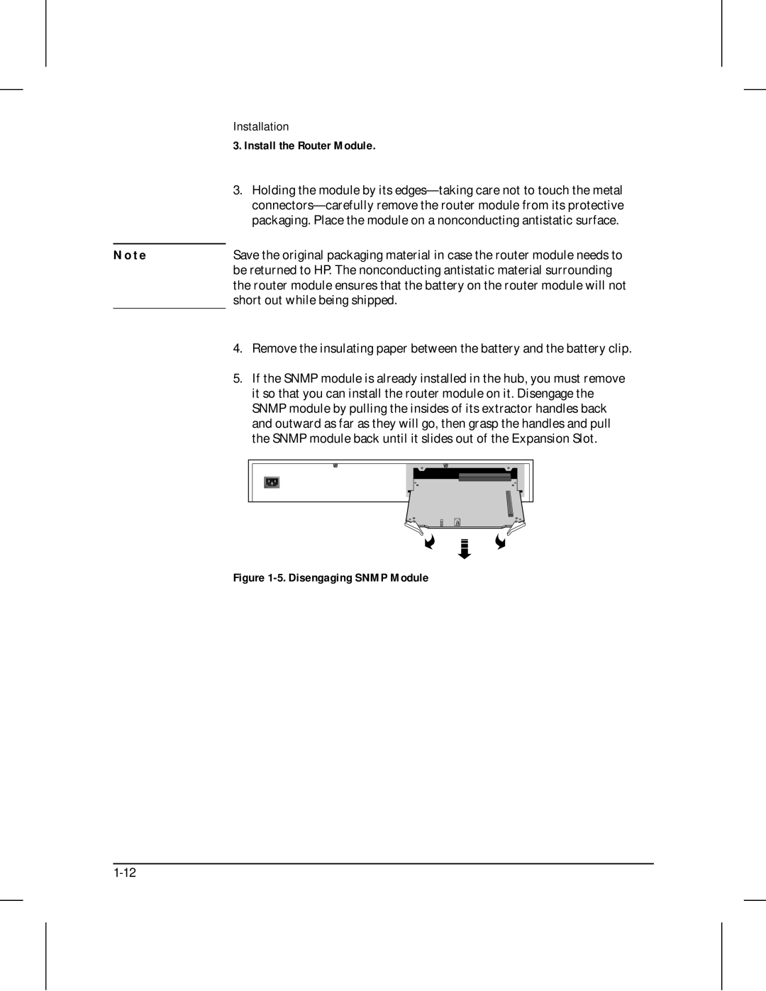 HP 210 manual Short out while being shipped, Snmp module back until it slides out of the Expansion Slot 