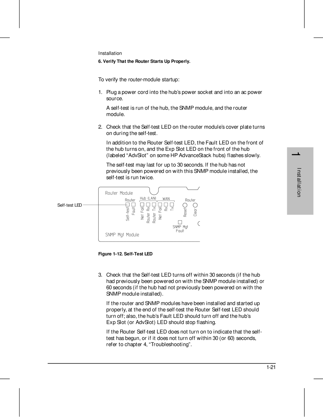 HP 210 manual To verify the router-module startup, Self-Test LED 