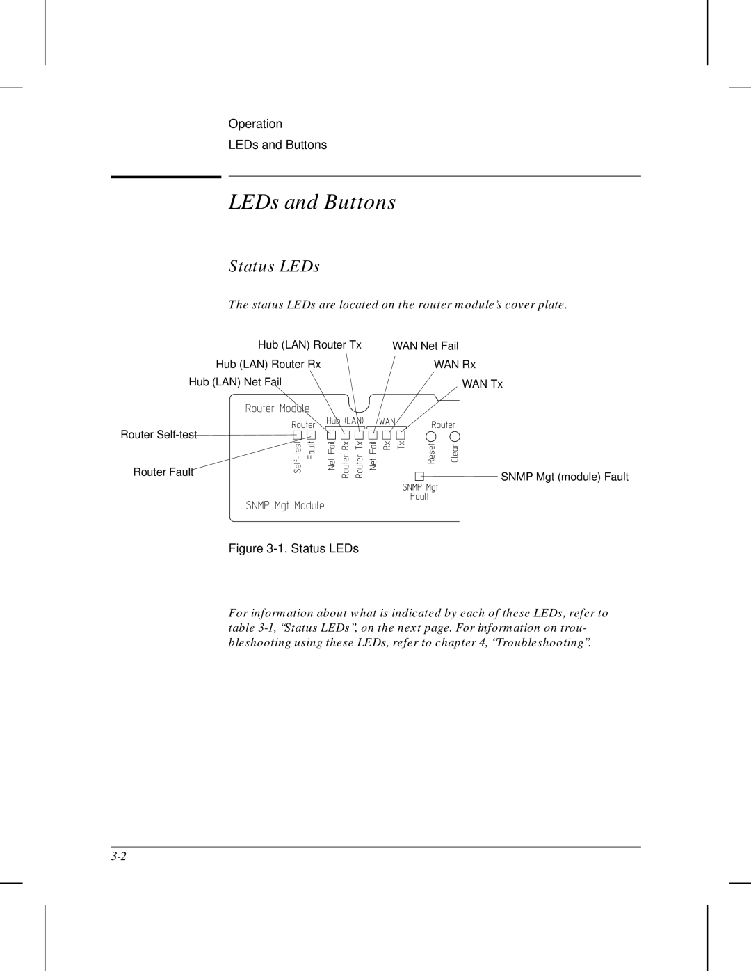 HP 210 manual LEDs and Buttons, Status LEDs are located on the router module’s cover plate 