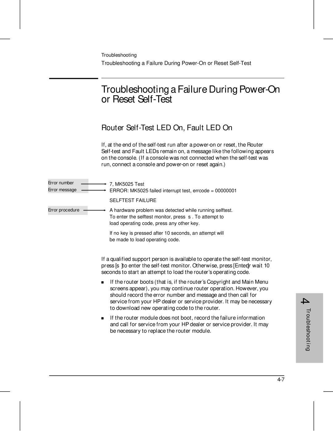 HP 210 manual Troubleshooting a Failure During Power-On or Reset Self-Test, Router Self-Test LED On, Fault LED On 