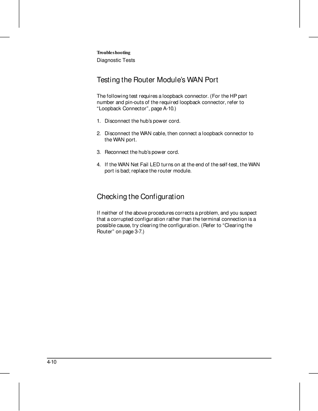 HP 210 manual Testing the Router Module’s WAN Port, Checking the Configuration 