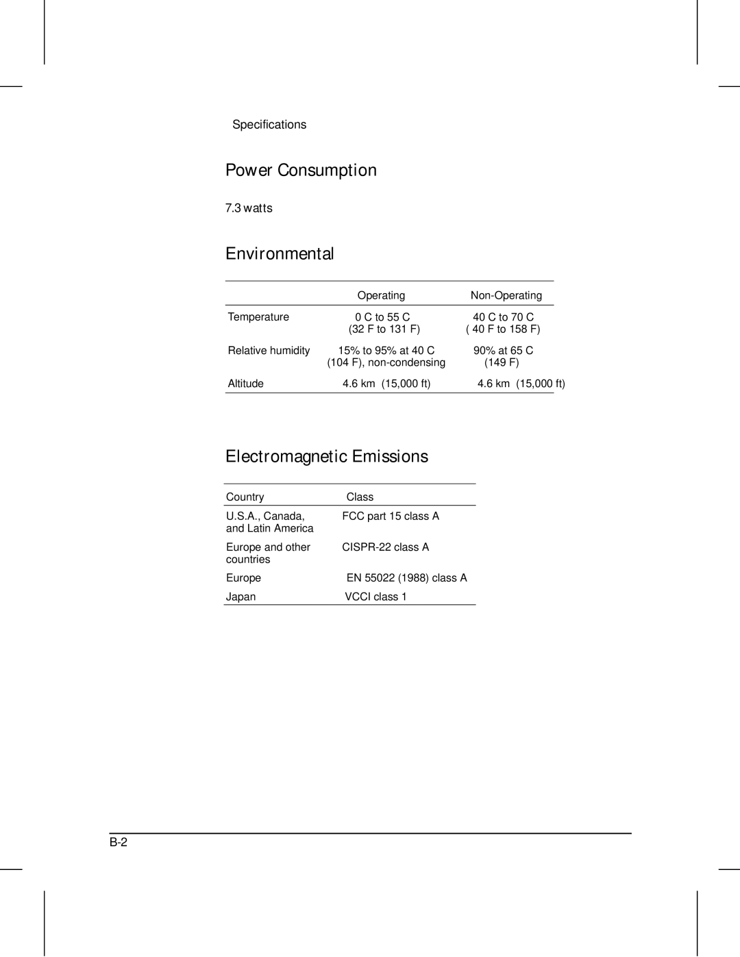 HP 210 manual Power Consumption, Environmental, Electromagnetic Emissions, Watts 